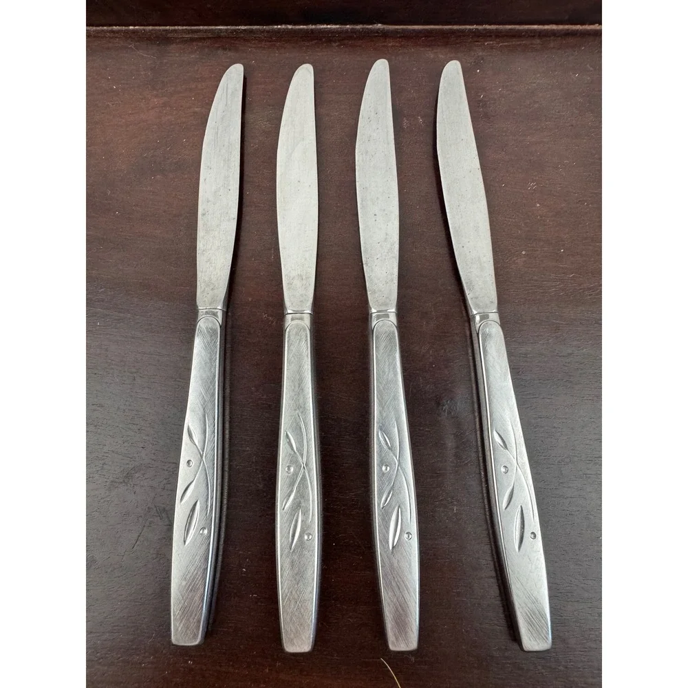 Vintage Will O Wisp Stainless Steel Dinner Knives Set of 4 Mid Century Leaf
